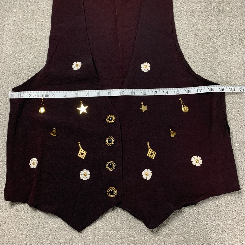 Vintage Brown Deep V Vest W/ Gold Charms Bells, Fits Large Women 4 Button - Picture 10 of 11
